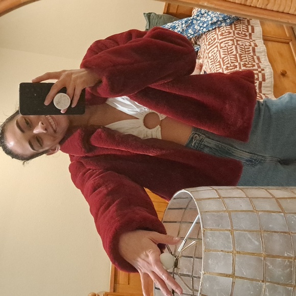 JCrew Red Faux Fur Jacket Womens L/Fits Smaller - Picture 4 of 8